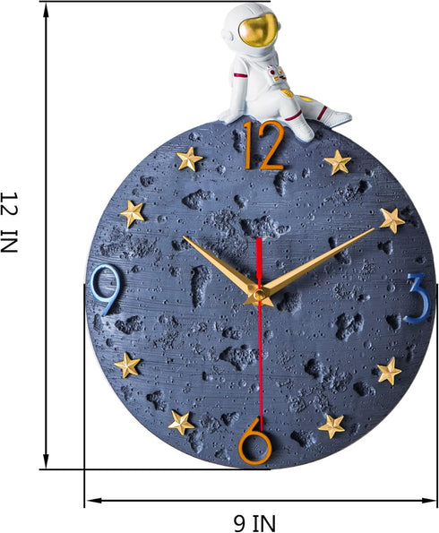 12 Inch Space Theme Wall Clock, Astronaut Moon Wall Clock, Grey Modern Silent Clock for Kids Room Nursery Living Room