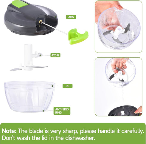 500ml,Gray-green Manual Food Processor Vegetable Chopper, Portable Hand Pull String Garlic Mincer Onion Cutter