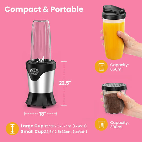 Suavo Smoothie Blender 1100W - Portable Personal Blender for Shakes & Smoothies with 2 * 22Oz To-Go Cups & Lids,