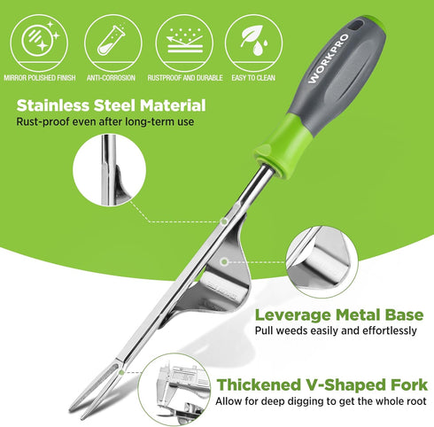 WORKPRO Weed Puller Tool, Heavy Duty Stainless Steel with Soft Handle for Easy Weed Removal & Root Digging