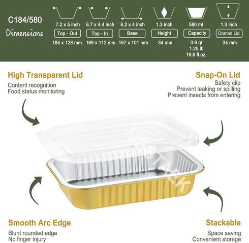 7x5 Sturdy Foil Pans + Snap-On Lids (5 Pack), Heavy Duty Reusable Foil Tins 20oz for Baking and Cooking