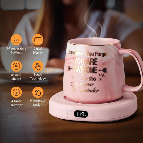 Coffee Mug Warmer & You are Awesome Mug Set, Electric Cup Warmer for Desk with 3 Temperature Settings, 8-Hours Auto