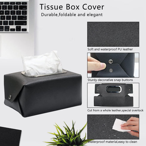 Leather Tissue Box Cover, Modern Decorative PU Leather Rectangular Tissue Box Case Organizer for Vanity Countertop,