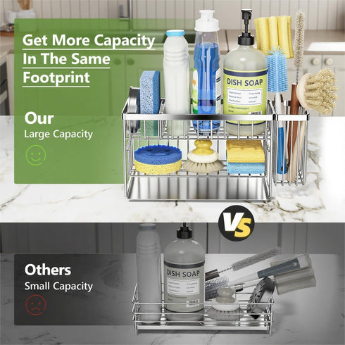 2-Tier Countertop Cisily Silver Kitchen Sink Caddy Organzier Rack with Flexible Dish Brush Holder, Sponge Holder