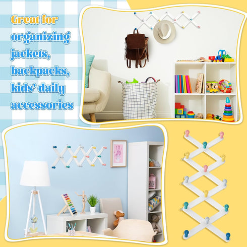 Suzile Expandable Kids Coat Rack, Cute Wooden Hanger for Toddler, Rainbow Accordion Wall Mount for Backpack