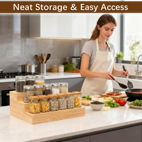 2 Pack Countertop Spice Rack Riser for Cabinet, Bamboo Spice Organizer Display Shelf for Kitchen