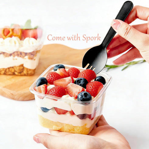 8 oz 50 Sets, Zezzxu Dessert Cups with Lids and Spoons, Square Plastic Dessert To-Go Containers with Dome Lids & Sporks