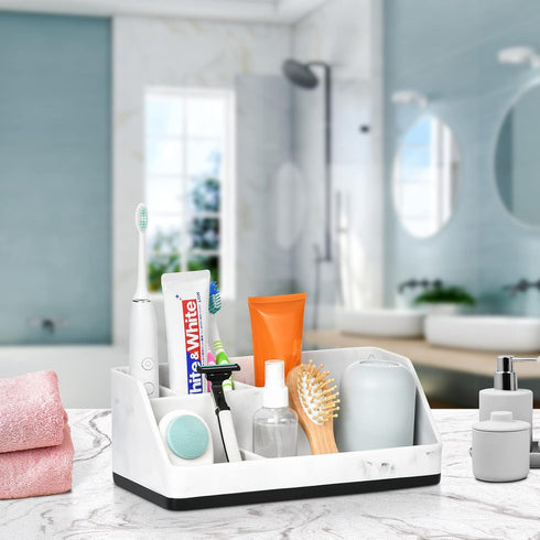 VITVITI Toothbrush Holder for Bathroom - 5 Compartment Organizer for Toothpaste/Vanity Counter, White Resin Marble Color