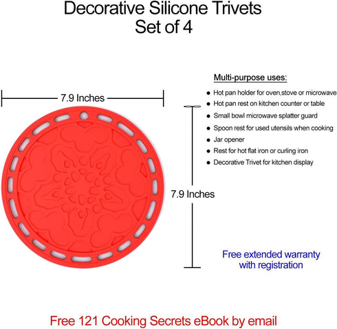 Silicone Hot Pads (Set of 4) - 6 in 1 Multi-Purpose Kitchen Tool, Pot Holder, Splatter Guard, Microwave Cover, Jar Opener, Decorative Trivet, Red, 8 Inches. Includes 121 Cooking Secrets Ebook by Silicone Designs