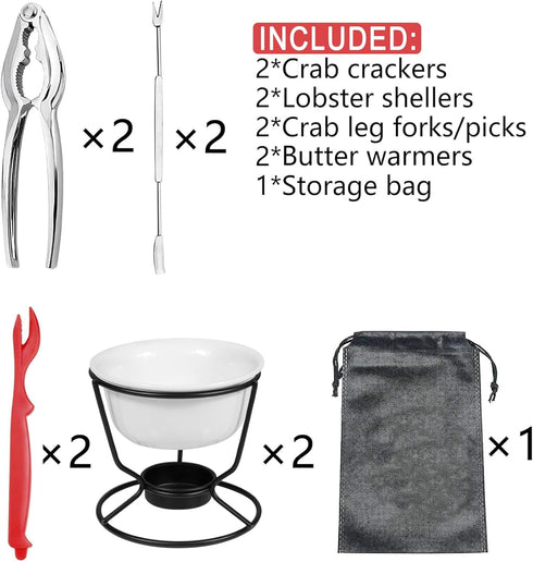 Set (9PCS) Crab Leg Cracker Tool Butter Warmers for Seafood Crab Leg Crackers Crab Lobster Butter Ceramic Warmers