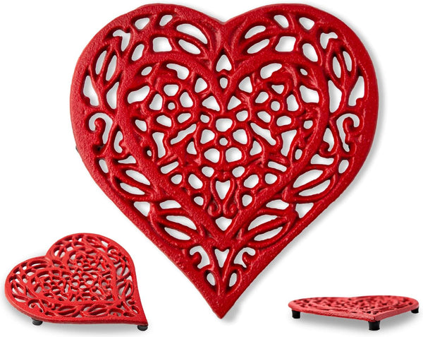 Cast Iron Heart Trivet, Decorative Trivet for Kitchen Countertop or Dining Table, Red Color