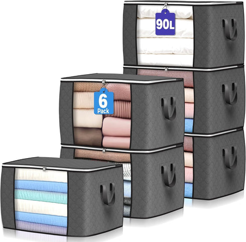 90 L Large Storage Bags, 6 Pack Clothes Storage Bins with Reinforced Handle for Clothing, Blankets, Pillows (Gray)