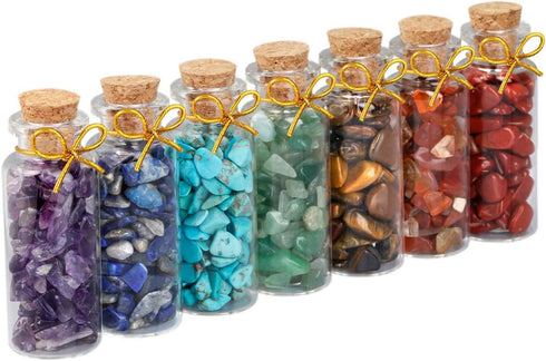 SUNYIK 7 Chakra Stone Wishing Bottles - Set of 7 Tumble Chip Crystal Healing Reiki Wicca Stones