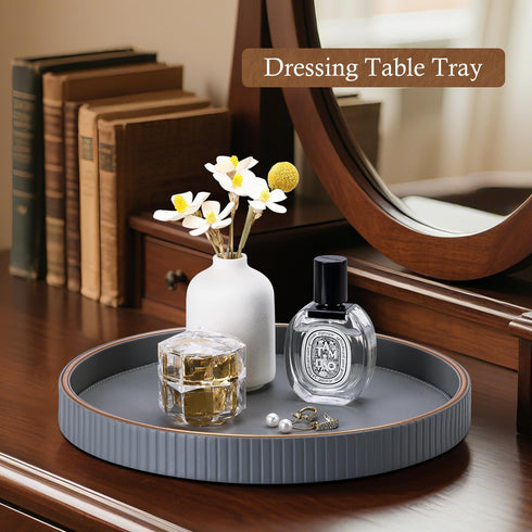 12" GORESE Round Coffee Table Tray for Home Decor, PU Leather Decorative Serving Tray for Home & Entryway Tables