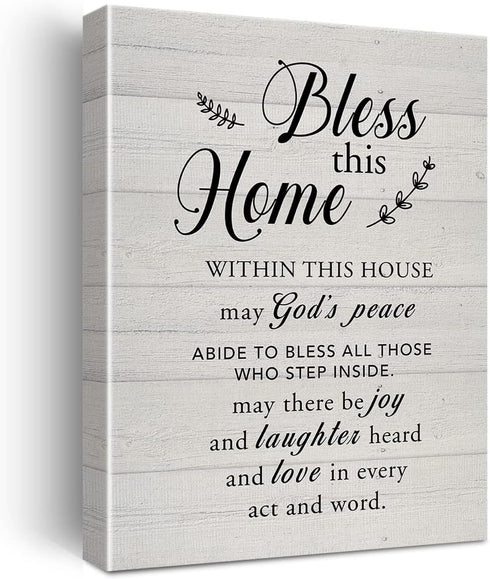 New Home Religious Wall Art, Bless This Home Canvas Print with Inspirational Quote for Rustic Decor