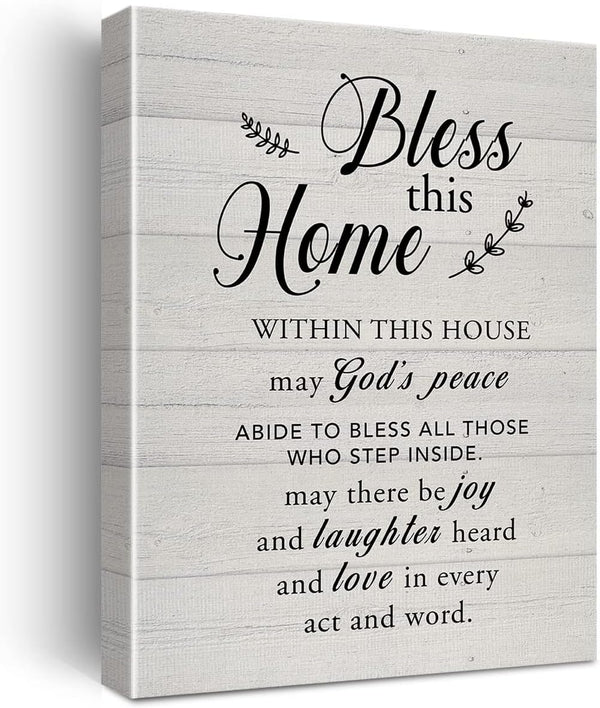 New Home Religious Wall Art, Bless This Home Canvas Print with Inspirational Quote for Rustic Decor