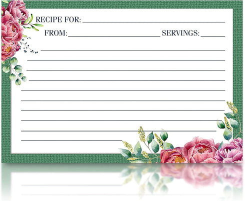 Meadowsweet Kitchens Recipe Card Set: 25 Recipe Cards 4 x 6 Inch for Wedding, Bridal Shower, Green & Peonies
