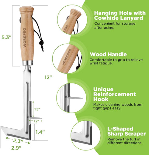 WORKPRO Crack Weeder, 12" Stainless Steel Crevice Tool with Beech Wood Handle for Garden Lawn