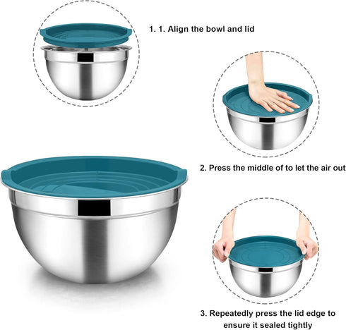 Mixing Bowl Set of 5 - TeamFar Stainless Steel 4.5/3/1.5/1/0.7 QT Metal Nesting Salad Bowls with Lids, Non-Toxic &