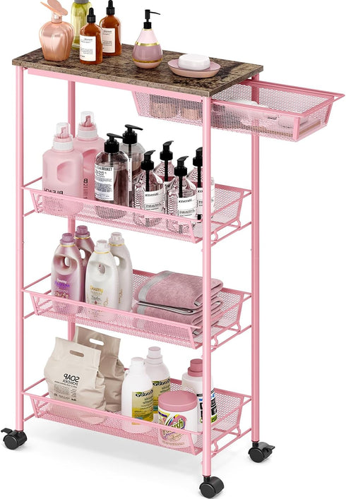 4-Tier KINGRACK Slim Storage Cart, Metal Rolling Cart, Organizer with Wooden Tabletop and Drawer Basket, Mobile