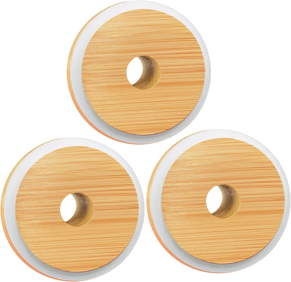 Mason Jar Lids with Straw Hole, 2.76inch Bamboo Lids for Regular Mouth Drinking Jars (3 Pack)