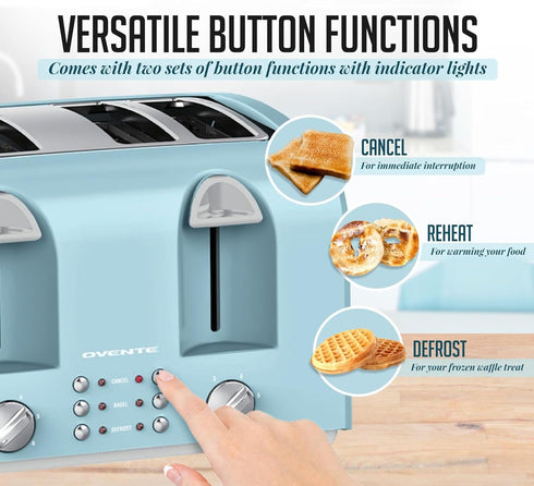 OVENTE 4-Slice Toaster with Extra Wide Slots, 6-Shade Browning Setting, 1400W Countertop Toaster, Light Blue TS4410LBL