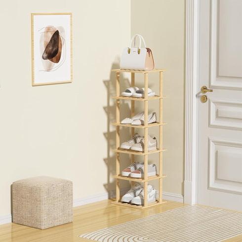 6-Tier Closet Bamboo Shoe Rack - Vertical Shoe Rack for Small Spaces, Tall Narrow Shoe Rack Organizer for Entryway