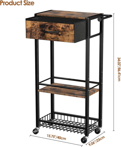3-Tier Lewondr Bathroom Organizer and Storage Cart with Drawer, Narrow Rolling Utility Cart with Wood Top and Wheels
