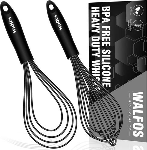 Walfos Whisk Combo, 11inch Flat Whisks and 10inch Balloon Whisk, Silicone Whisks for Cooking, Non Scratch Coated