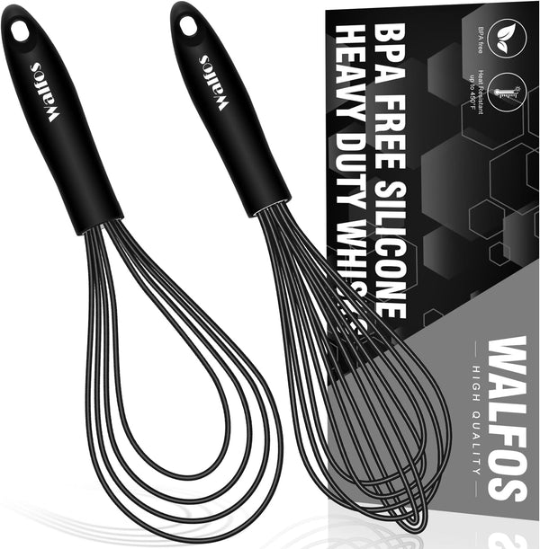Walfos Whisk Combo, 11inch Flat Whisks and 10inch Balloon Whisk, Silicone Whisks for Cooking, Non Scratch Coated