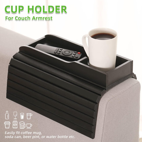 GEHE Natural Bamboo Couch Cup Holder, Anti Falling Armrest Tray for Drinks, Snacks, Remote, and Cellphone