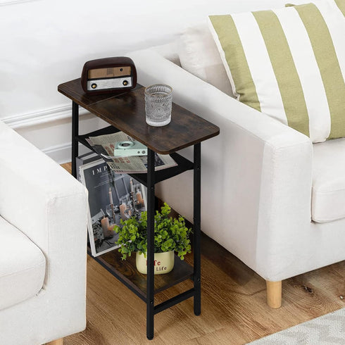 Tedheve 3-Tier Set 2 Side Table of for Living Room, Narrow End Table for Small Spaces with Wide Storage Top, Rustic