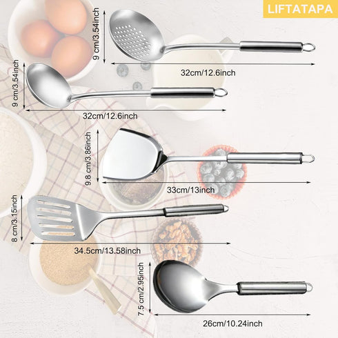 5Pcs Cooking Utensils Set, Stainless Steel Kitchen Utensils, Heat Resistant Wok Utensils Set Include Slotted Spoon, Slotted Spatula, Large Spoon, Soup, Spatula(Sliver)