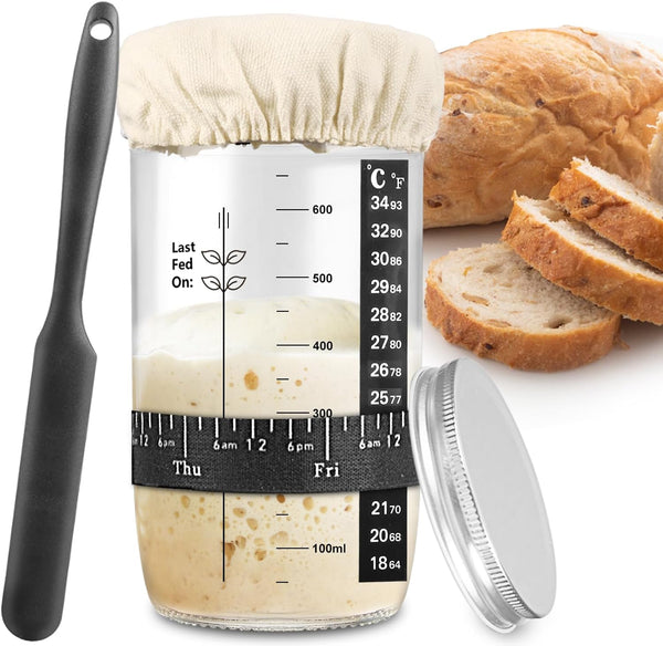 Sourdough Starter Kit - Sourdough Starter Jar with Date Marked Feeding Band, Thermometer, Cloth Cover & Metal Lid