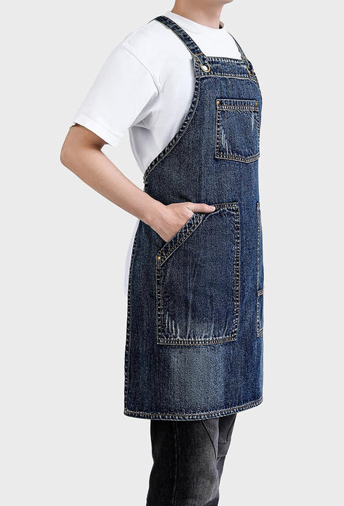 5-Pockets Cotton Denim Apron Soft - Unisex Adjustable Bib Apron with Perfect for Kitchens