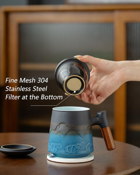 15.2 oz ZENS Tea Cup with Infuser and Lid for Loose Leaf Tea Steeper, Ceramic Tea Mug with Fine Tea Strainers