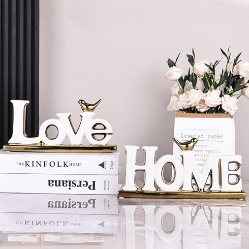 Love Sign Decor,White and Gold Room Decor Aesthetic, Knick Knack Shelf,Gold Bird Decor, Boho Bookshelf ,Abstract Gold