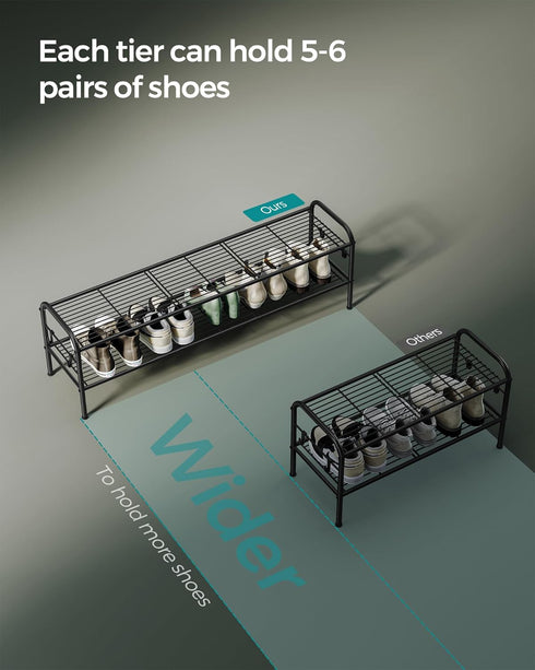 2-Tier 4 18 Closet, ULMR121B01 SONGMICS Shoe Rack, Shoe Organizer, Metal Shoe Shelf Storage with Side Hooks, Holds