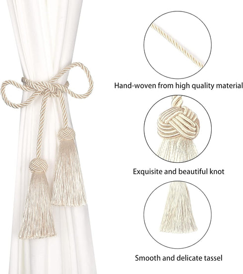 BEL AVENIR 4 Pack Handmade Curtain Tiebacks with Tassel, Decorative Curtain Holdbacks (Beige, 4 Pack)