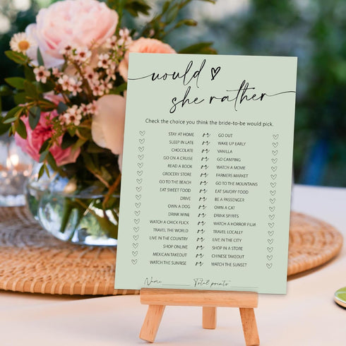 50 Whaline Sheets Sage Green Bridal Shower Game Cards Greenery Double Sided Party Game Activity Cards for Would She