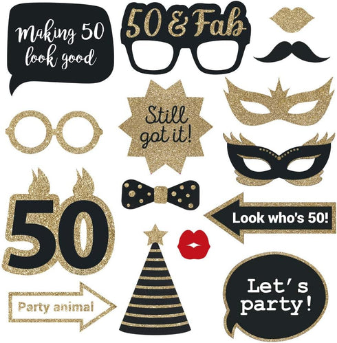 Fully Assembled 50th Birthday Photo Booth Props - Set of 30 - Cute Bday Designs with Real Glitter - Black & Gold Selfie