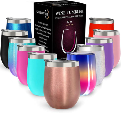 CHILLOUT LIFE 12 oz Stainless Steel Tumbler with Lid & Gift Box, Rose Gold Wine Tumbler Double Wall Insulated