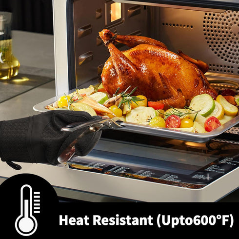 2PCS Silicone Oven Mitts, Black Oven Gloves with Non-Slip Waterproof, Heat Resistant 600 Degree for Cooking Baking