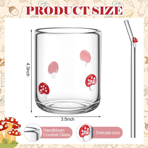 2 Set 2 14 oz Skylety Mushroom Icon Juice Glass Cups - Icon Glass Cup with Straw Double Old Fashioned Cute Pattern