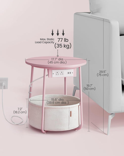 ULET228R01 VASAGLE LILEA Collection - Side Table with Charging Station, Round End Table with Fabric Basket, Nightstand