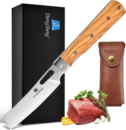 Folding Chef Knife with Leather Pouch, 4.8” Ultra Sharp 440A Stainless Steel Blade, Natural Olive Handle for Outdoor