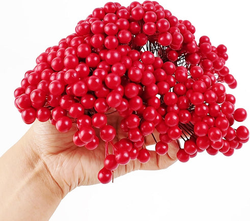 ROYHOO 500PCS 10mm 250 Artificial Holly Berries Christmas Fake Berries on Pieces Wire Stems for Christmas Tree