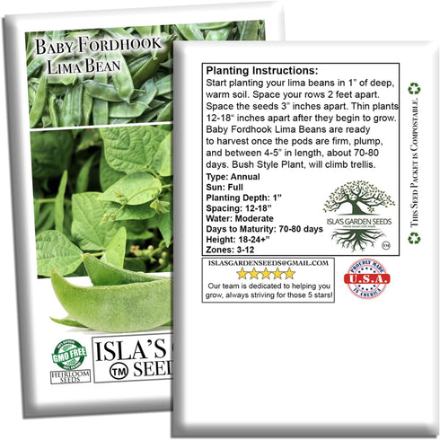 25 Baby Fordhook Lima Bean Seeds (Bush Lima, Phaseolus lunatus) Non GMO Heirloom Seeds by Islas Garden Seeds, Tender