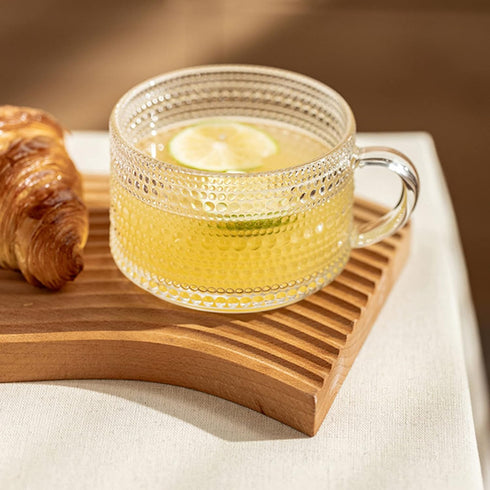 Set 4 14 Oz Set ZOOFOX of Glass Coffee Mugs, Clear Glass Cups with Golden Spoons, Vintage Embossed Coffee Cups