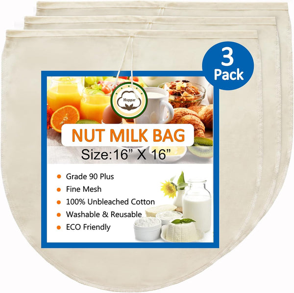Huppar 3 Pack 16"x16" Nut Milk Bag for Straining, 100% Unbleached Cotton Cloth,